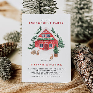 Snowy Red Cottage Forest Winter Engagement Party Invitation