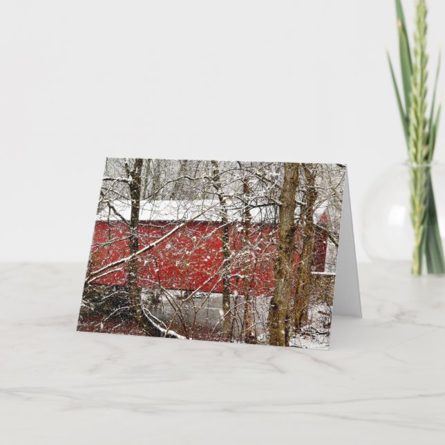 Snowy red covered bridge holiday greeting card (Front)