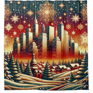“Snowy Red Gold, and Green Christmas Cityscape” Shower Curtain
