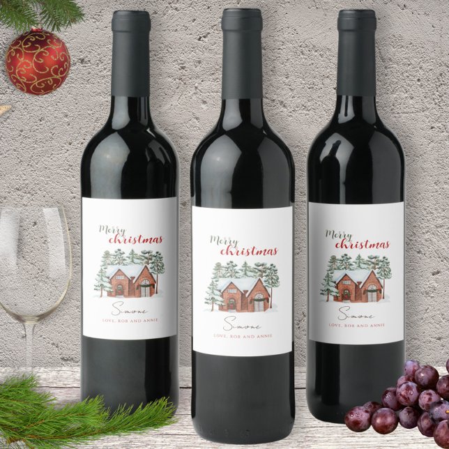 Snowy Red House Custom Name Christmas Wine Label (Creator Uploaded)