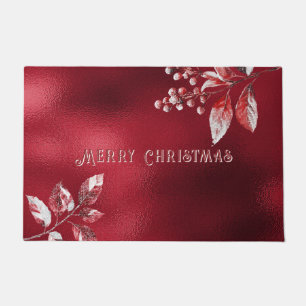Snowy Red Leaves Christmas Holiday Doormat