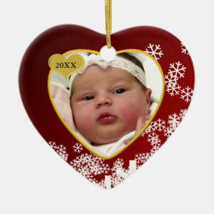 Snowy Red New Baby Photo and Birth Date Christmas Ceramic Tree Decoration