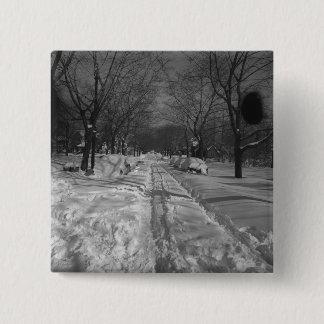 Snowy residential street 15 cm square badge