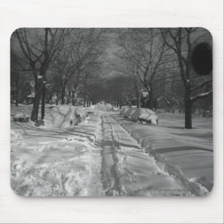 Snowy residential street mouse mat