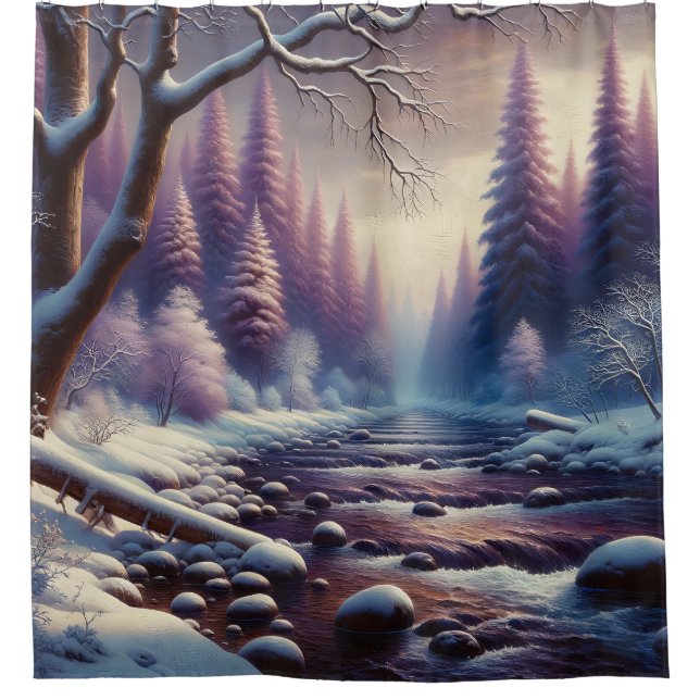 “Snowy River in Lavender Winter Forest” Shower Curtain (Front)