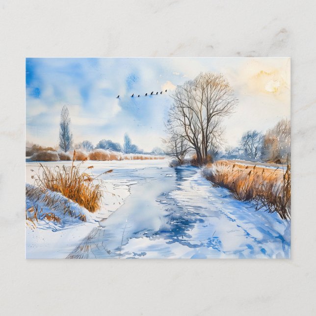 Snowy Riverbank in Winter Havelland Watercolor Postcard (Front)