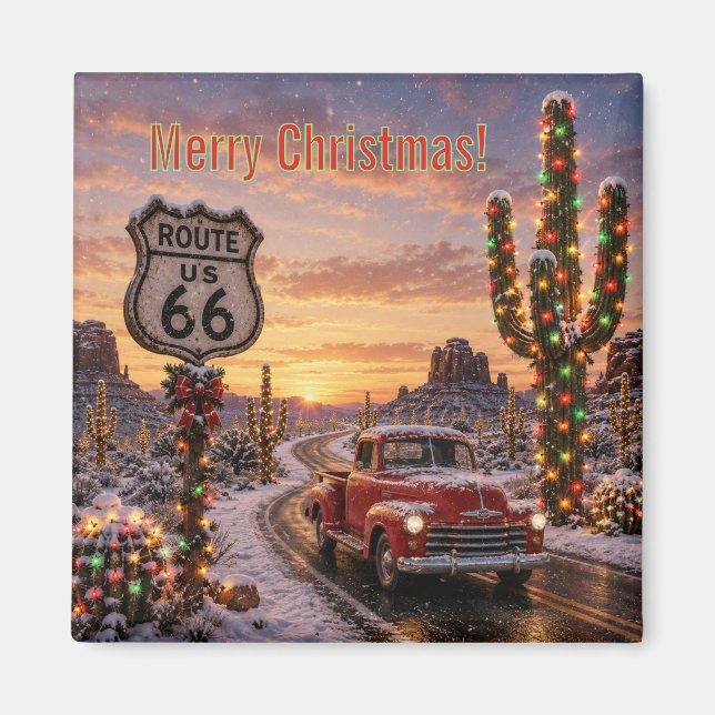 Snowy Route 66 Christmas Fridge Keepsake Magnet (Front)