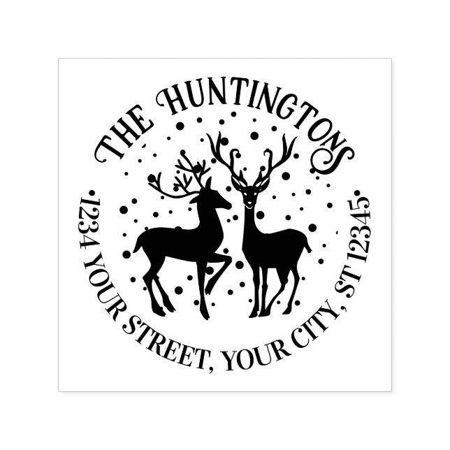 Snowy Rustic 2 Deer Round Family Name Ret Address Self-inking Stamp (Design)