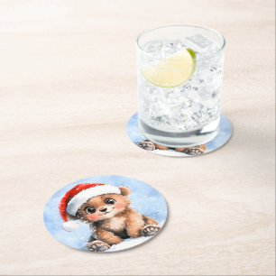 Snowy Santa Little Cub Round Paper Coaster