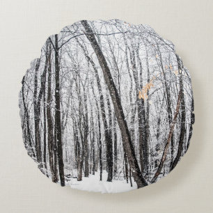 Snowy Scene in Woodland Michigan Round Cushion