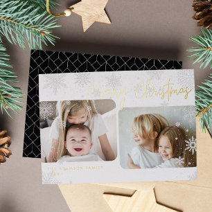 Snowy Script   2 Photo Merry Christmas Foil Holiday Card