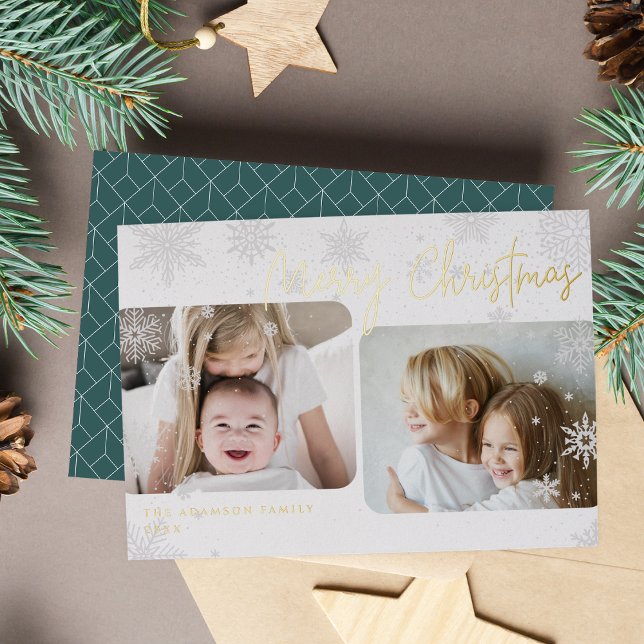 Snowy Script | 2 Photo Merry Christmas Foil Holiday Card (Creator Uploaded)