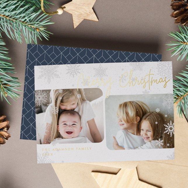 Snowy Script | 2 Photo Merry Christmas Foil Holiday Card (Creator Uploaded)