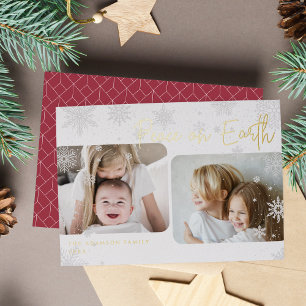 Snowy Script 2 Photo Peace on Earth Foil Holiday Card