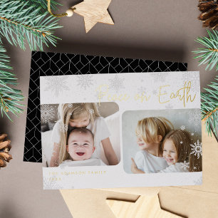 Snowy Script   2 Photo Peace on Earth Foil Holiday Card