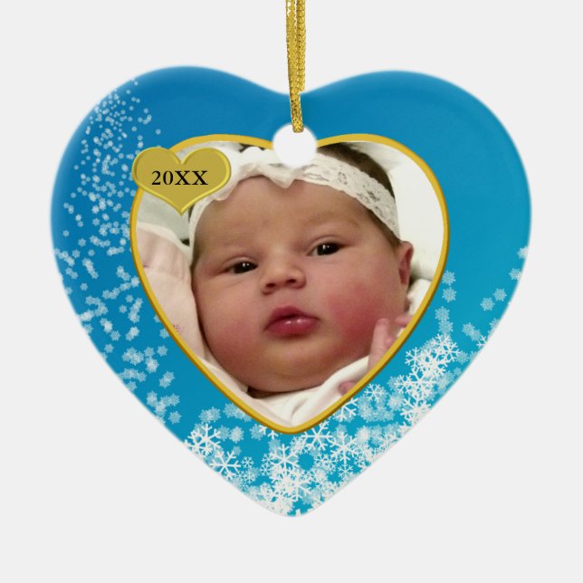 Snowy Sky Blue Baby's First Christmas Photo Heart Ceramic Tree Decoration (Front)
