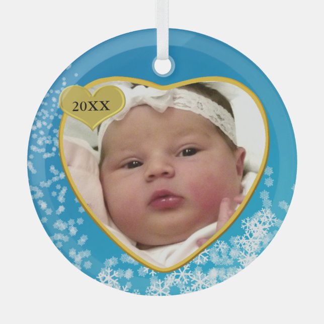 Snowy Sky Blue Baby's First Christmas Photo Heart Glass Tree Decoration (Front)