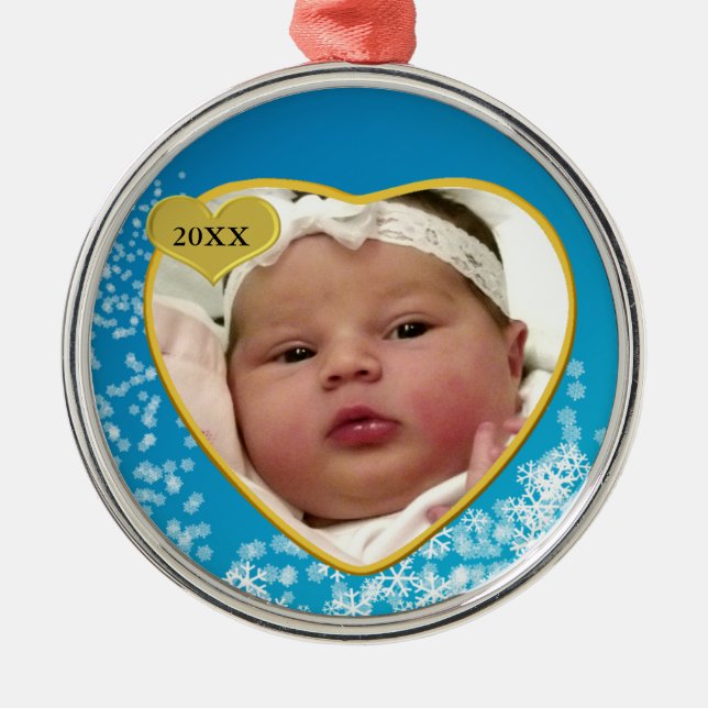 Snowy Sky Blue Baby's First Christmas Photo Heart Metal Tree Decoration (Front)