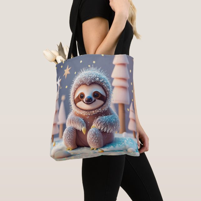 Snowy Sloth's Winter Wonderland Tote Bag (Close Up)