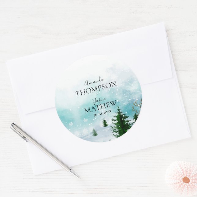 Snowy Snowflakes  Frosty Winter Wedding  Classic Round Sticker (Envelope)