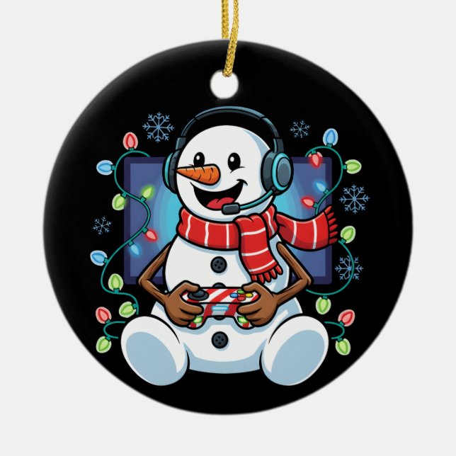 Snowy Snowman Gamer Ceramic Tree Decoration (Front)