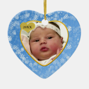 Snowy Soft Blue Babys First Christmas Photo Heart Ceramic Tree Decoration