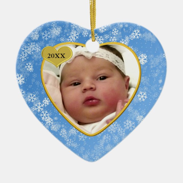 Snowy Soft Blue Babys First Christmas Photo Heart Ceramic Tree Decoration (Front)