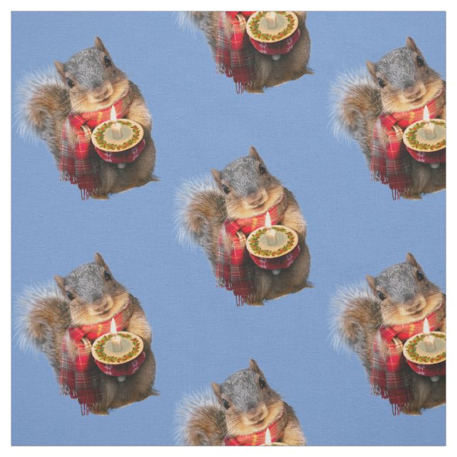 Snowy Squirrel Holding Candle Fabric (Swatch)