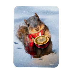 Snowy Squirrel Holding Candle Magnet