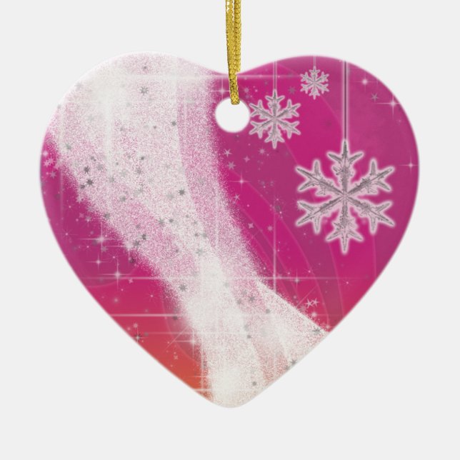 Snowy Star Ribbon (pink & yellow) customise Ceramic Tree Decoration (Front)