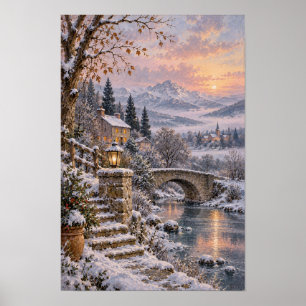 Snowy Stone Bridge and Mountain Cottage Sunset Wal Poster