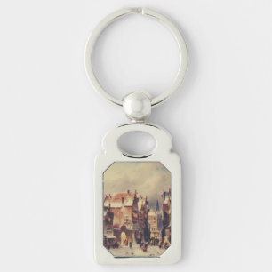 Snowy street in Haarlem by Charles Leickert Key Ring