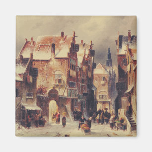 Snowy street in Haarlem by Charles Leickert Magnet