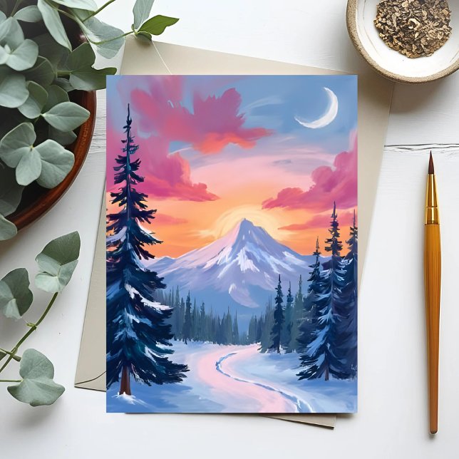 Snowy Summit Sunset | Winter Landscape Painting Postcard (Creator Uploaded)