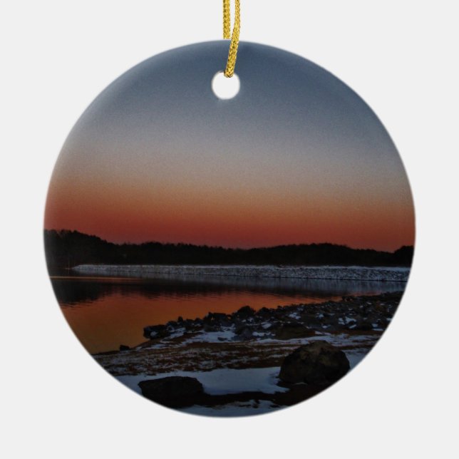 Snowy Sunset at Lake Arrowhead Ceramic Tree Decoration (Front)
