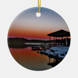 Snowy Sunset at Lake Arrowhead dock Ceramic Tree Decoration
