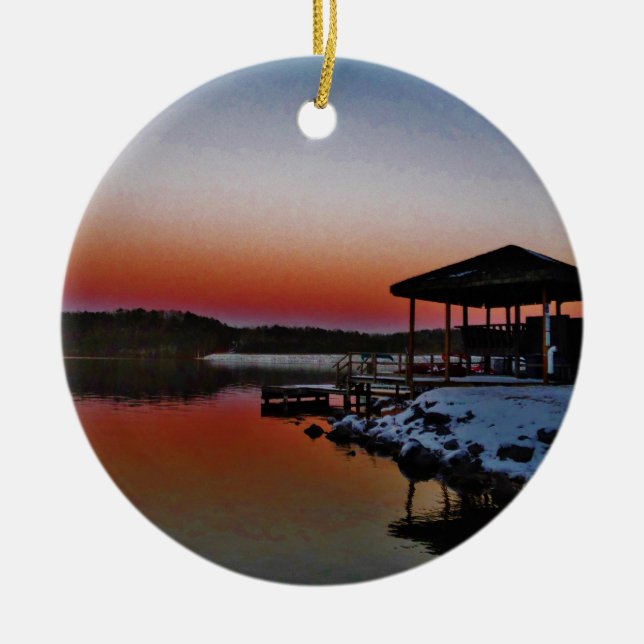 Snowy Sunset at Lake Arrowhead dock Ceramic Tree Decoration (Front)