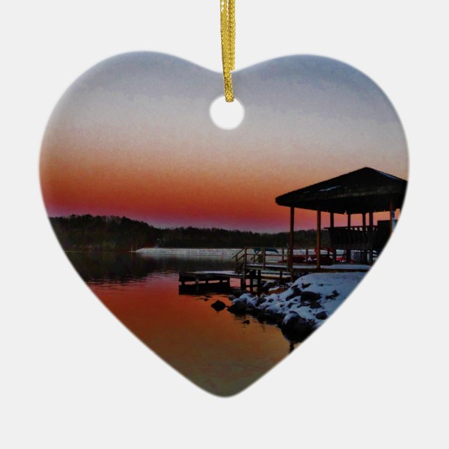 Snowy Sunset at Lake Arrowhead dock Ceramic Tree Decoration (Front)