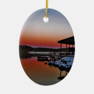 Snowy Sunset at Lake Arrowhead dock Ceramic Tree Decoration
