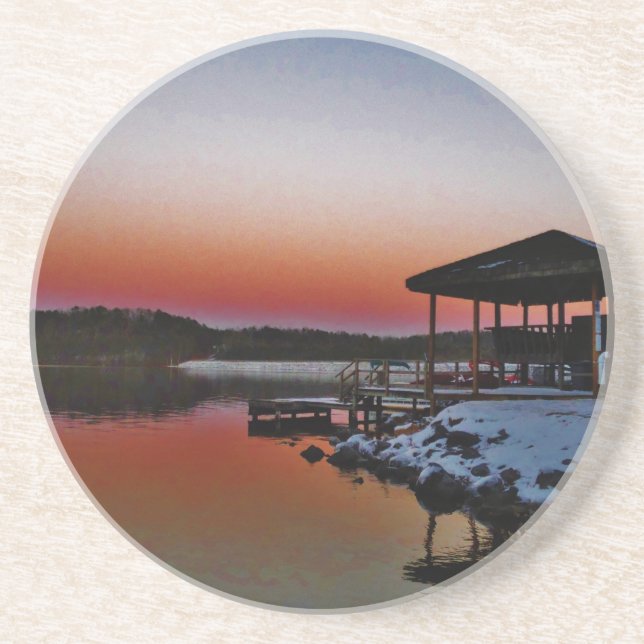 Snowy Sunset at Lake Arrowhead dock Coaster (Front)