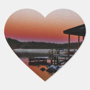 Snowy Sunset at Lake Arrowhead dock Heart Sticker