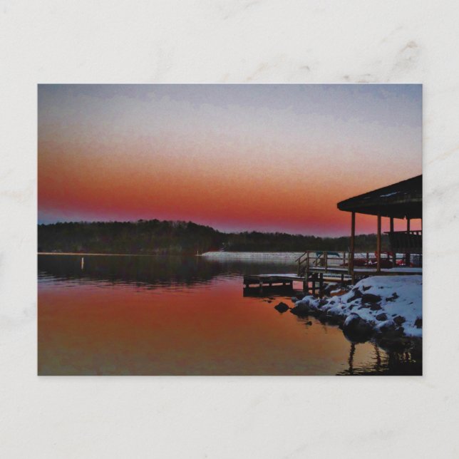 Snowy Sunset at Lake Arrowhead dock Postcard (Front)