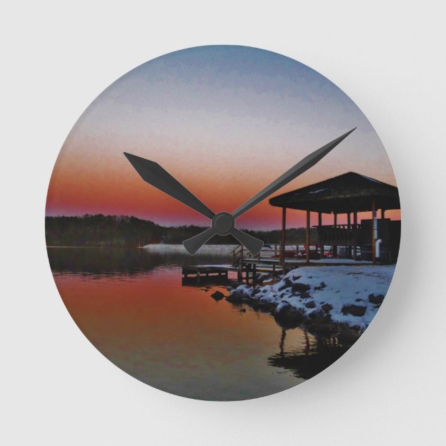 Snowy Sunset at Lake Arrowhead dock Round Clock (Front)