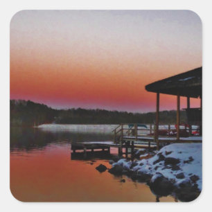 Snowy Sunset at Lake Arrowhead dock Square Sticker