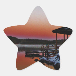 Snowy Sunset at Lake Arrowhead dock Star Sticker