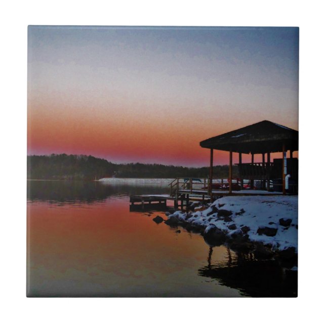 Snowy Sunset at Lake Arrowhead dock Tile (Front)