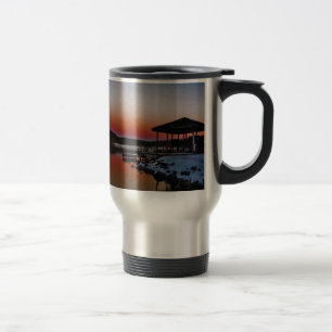 Snowy Sunset at Lake Arrowhead dock Travel Mug