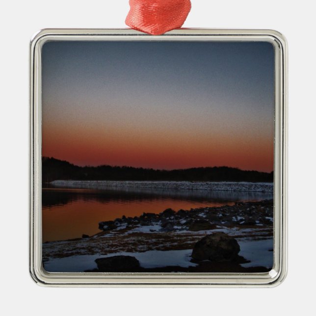 Snowy Sunset at Lake Arrowhead Metal Tree Decoration (Front)