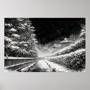 Snowy Temple Path at Night – Japanese Zen Wall Art