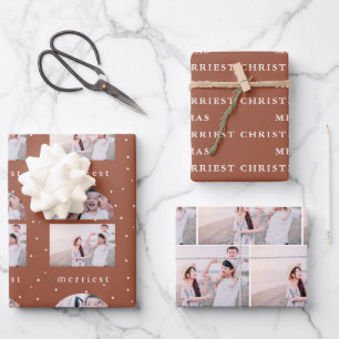 Snowy Terracotta Merriest Christmas Photo Wrapping Paper Sheet